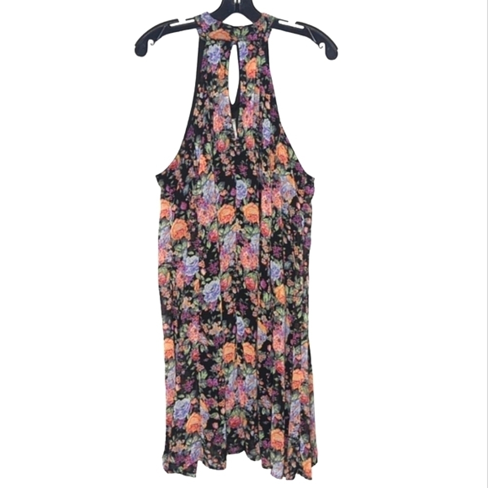 My Story Sleeveless Lined Dark Floral Halter Mini Dress Keyhole Front Back L - Picture 3 of 13